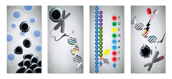 Artistic representation depicting how targeted therapies are applied in precision medicine for cancer. These panels are on display as an art installation at the Intermountain Precision Genomics headquarters in St. George