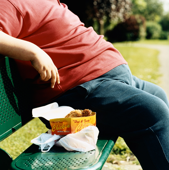 Mid-Section of an Overweight Man Sitting on a Park Bench With Take-Away Food