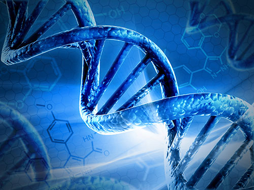 Illustration of DNA double helix on a futuristic blue background