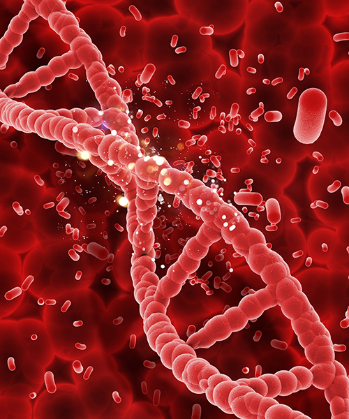 3D DNA strand on abstract blood cell background