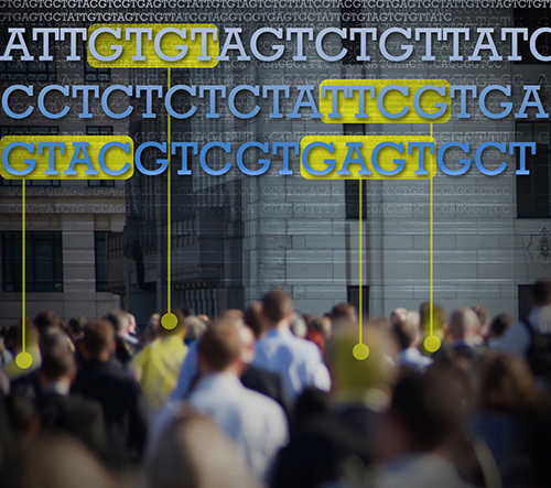 Crowd of people with genetic sequence and highlighted sections at the top of the image