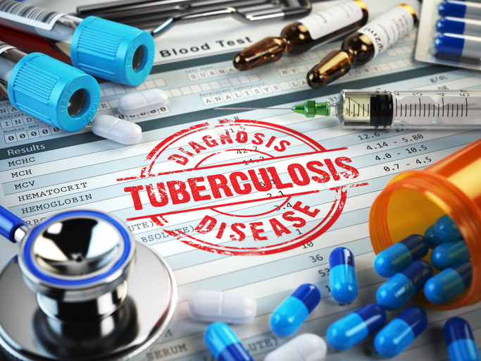 Tuberculosis diagnosis. Stamp, stethoscope, syringe, blood test