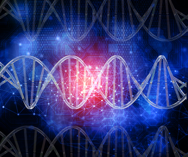 3D DNA strands on a technology abstract background