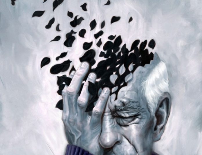 elderly man with head breaking apart