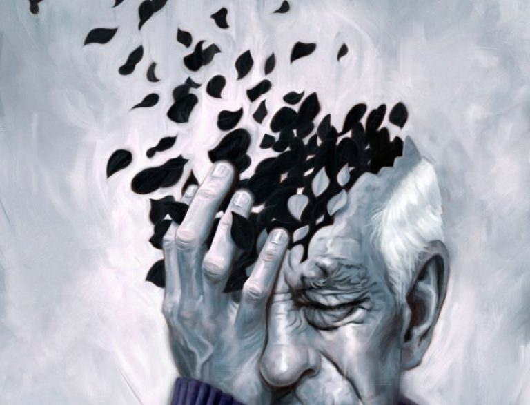 elderly man with head breaking apart to symbolise dementia or Alzheimer's disease