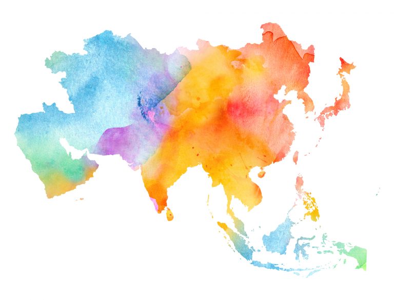 Watercolor Map of Asia on White, Side View.