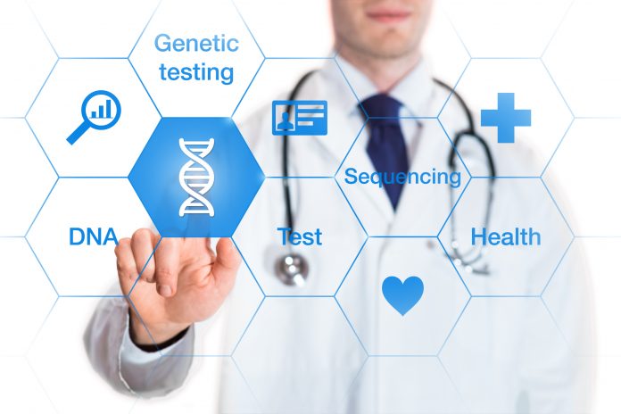 Genetic testing concept, DNA icon, medical doctor, isolated on white. Illustrating RNA sequencing to diagnose rare diseases