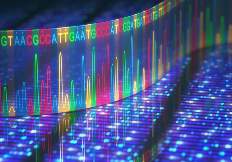Illustration of a read out from a Sanger sequencer to demonstrate the power of genomic screening for identifying inherited conditions at an early stage.