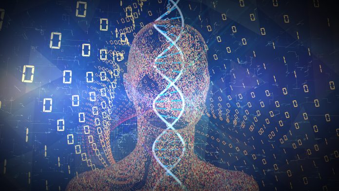 Abstract AI and DNA image with silhouette of a head and shoulders.