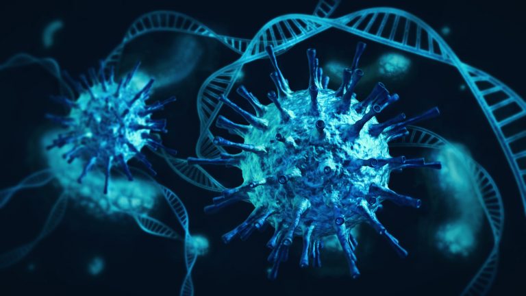 Ominous blue coronavirus cells intertwined with DNA and white blood cells on dark