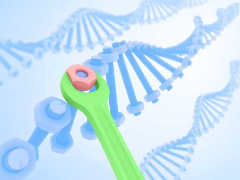 DNA mutation with green wrench twisting a red nut