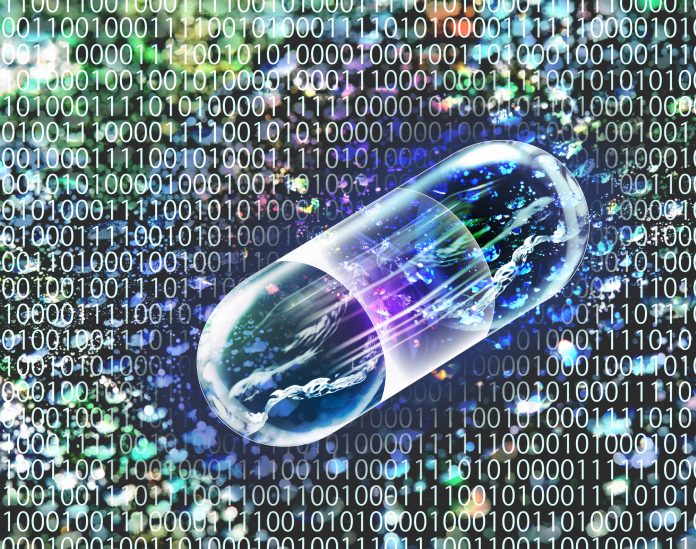 Image of a pill on a background of zeros and ones to indicate how artificial intelligence and deep learning can help predict drug-drug interactions