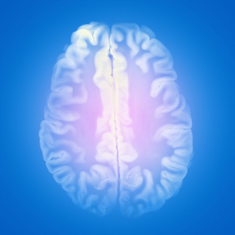 Glowing Brain Slice Over Blue Background. Concept For Neurological Diseases, Tumors And Brain Surgery