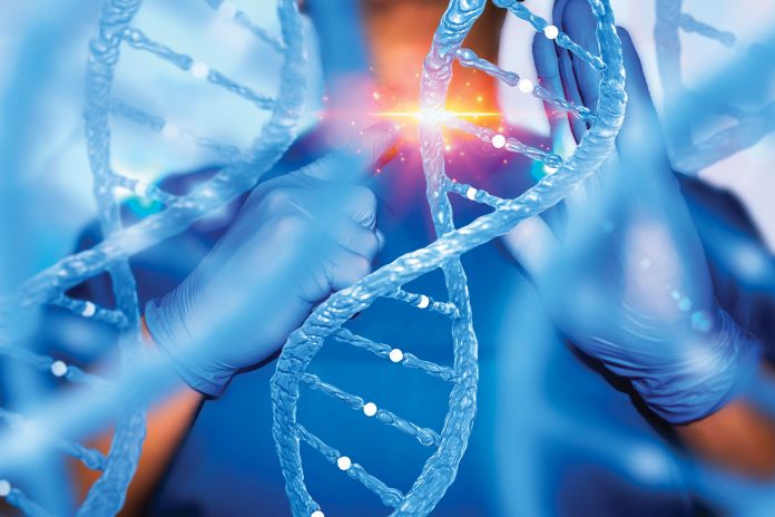 Illustration of DNA helices undergoing gene or base editing on a blue background