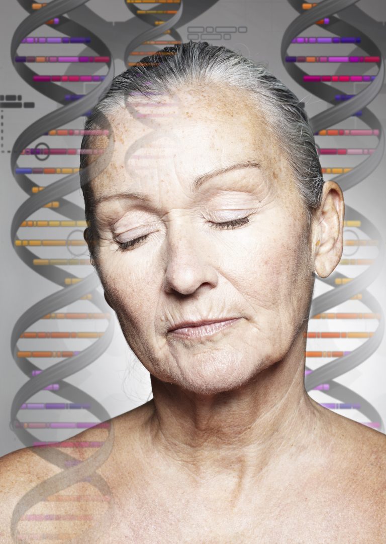 Older womans face and DNA helixes