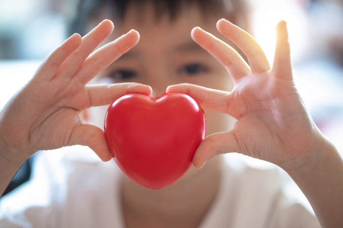 A young Asian boy holding a red heart in both hands to symbolize heart shape and links with congenital heart defect (CHD)