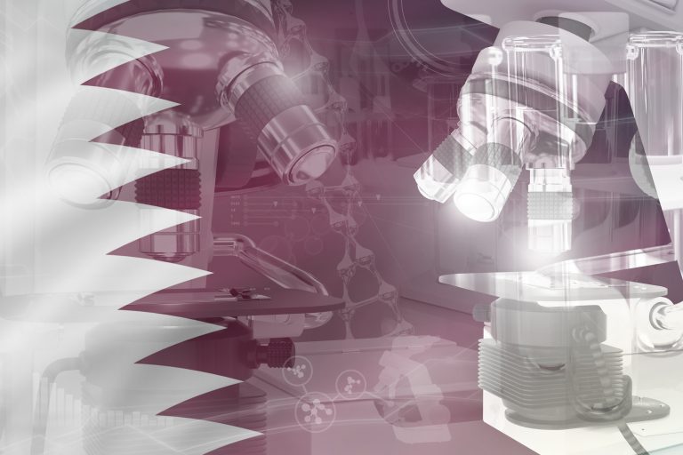Microscope on Qatar flag - science development conceptual background. Research in nanotechnology or pharmacy, 3D illustration of object