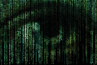 Digital eye. Green matrix background