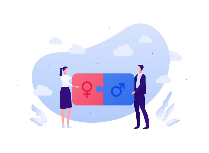 Sex education and gender study concept. Vector flat people illustration. Male and female hold puzzle piece on sky background isolated on white. Design for education