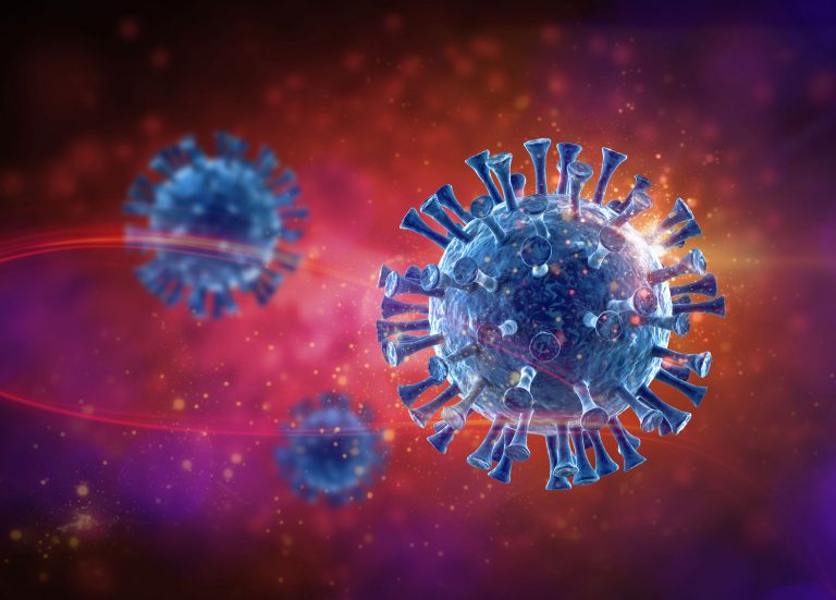 Illustration of several SARS-CoV-2 virus particles in blue on a red background