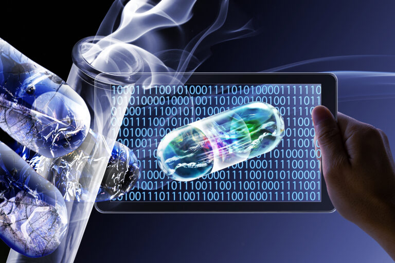 Translucent robotic looking hand holding a test tube next to a screen showing code and a digital pill to symbolize the use of AI to develop new protein phase separation drugs