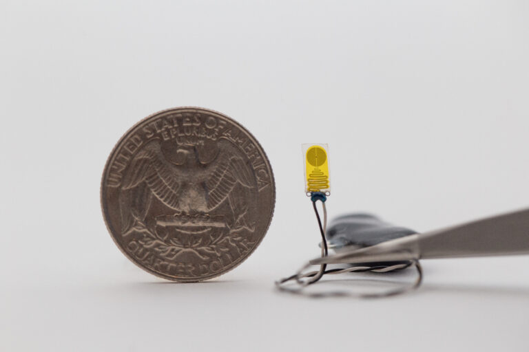 The entire implantable electronic system is smaller than a quarter.