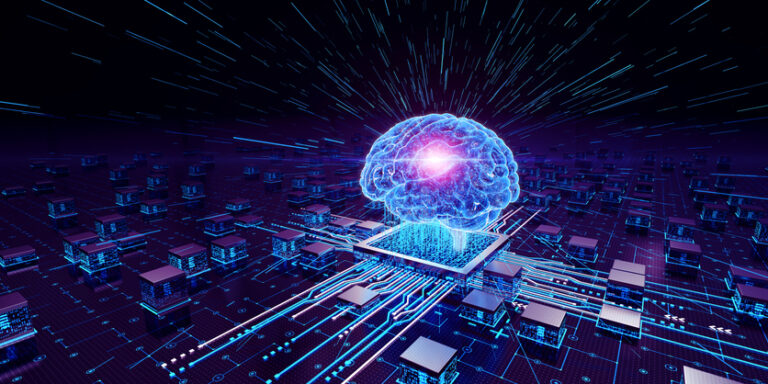 Digital Brain hovering above a series of computer chips to illustrate large language artificial intelligence (AI) models