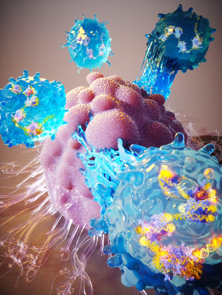 CRISPR-enhanced T-cells attacking a tumor