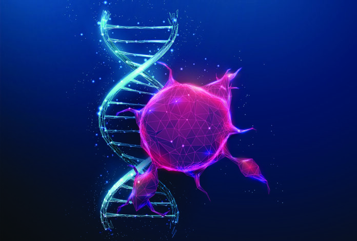 Red tumor with blue DNA. Cancer research, genetic analysis, mole Red tumor with blue DNA. Cancer research, genetic analysis, mole