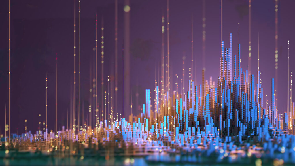 Futuristic Data Skyline: Neon Bar Cityscape Visualization for Tech, Analytics, and Innovation