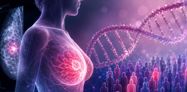 An illustration of a side view of a woman with a breast highlighted and a DNA helix behind her representing genetic and clinical breast cancer risk prediction.