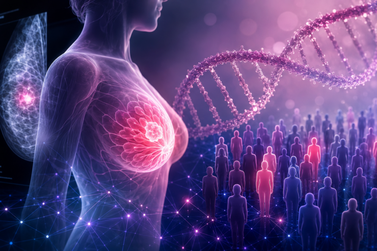 An illustration of a side view of a woman with a breast highlighted and a DNA helix behind her representing genetic and clinical breast cancer risk prediction. Estrogen receptor positive breast cancer is the most common type.