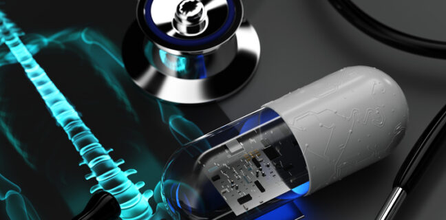 Image showing an X ray of a spine, a stethoscope and an ingestible electronic device that could be powered by the paper battery described in this story.